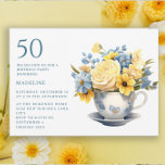 Invitación Teacup Flores azules amarillas 50 cumpleaños<br><div class="desc">50.ª invitación a la fiesta de cumpleaños diseñada con una pequeña taza de té con flores azules y amarillas. Esta invitación se puede comprar impresa o como invitación digital para compartirla con familiares y amigos en medios sociales o a través de correo electrónico. Comuníquese conmigo para obtener ayuda con sus...</div>