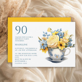 Invitación Teacup Flores azules amarillas 90 cumpleaños