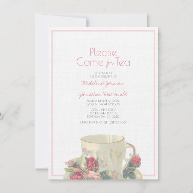 Invitación teacup vintage WEDDING SHOWER o compromiso rosa (Anverso)