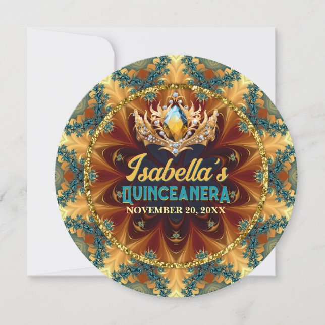 Invitación Teal Amarillo Fractal Encaje y Tiara Quinceañera (Anverso)