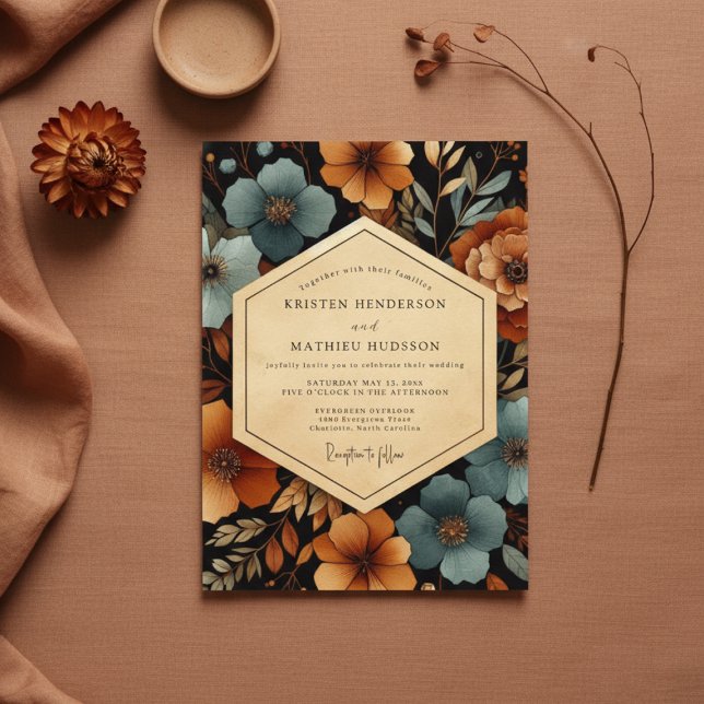 Invitación Teal Amber Floral Autumn Wedding (Subido por el creador)