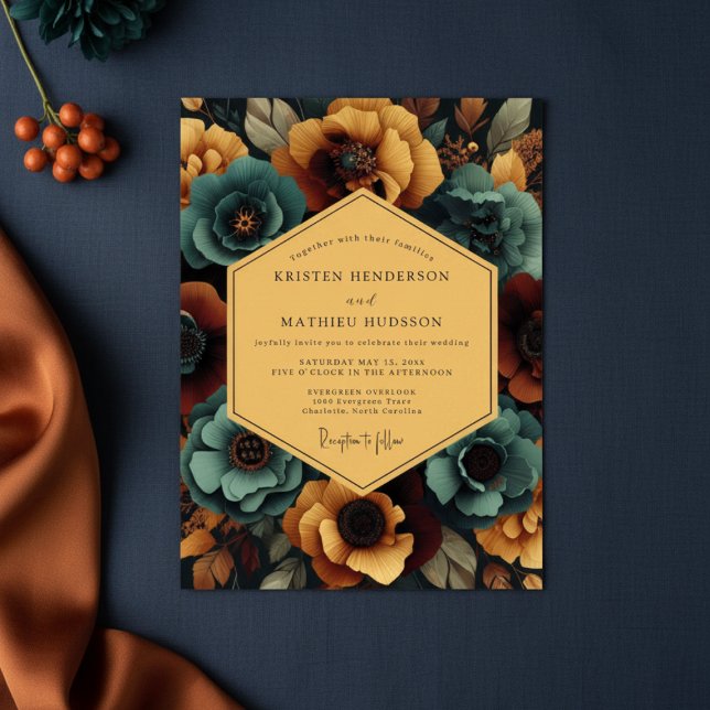 Invitación Teal Amber Floral Nocturne Wedding (Subido por el creador)
