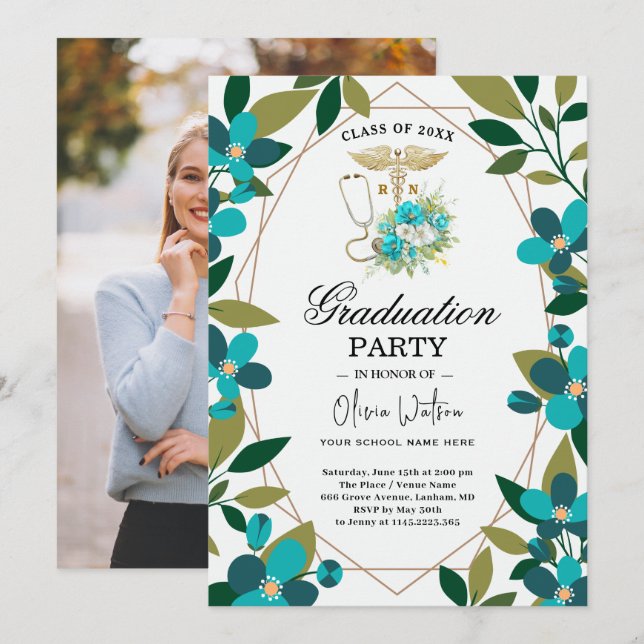 Invitación Teal and Gold Floral RN Graduation Invitation | Nu (Anverso / Reverso)