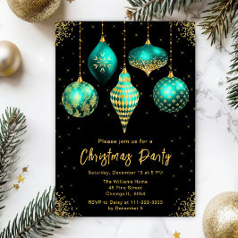 Invitación Teal and Gold Ornaments Christmas Party