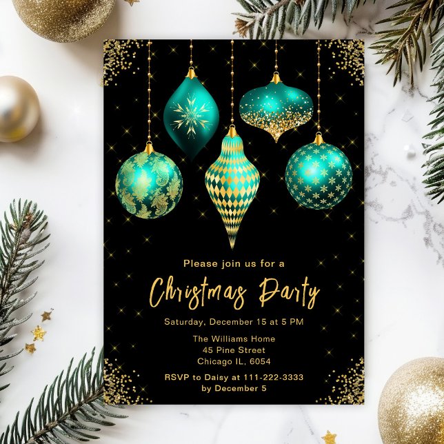 Invitación Teal and Gold Ornaments Christmas Party (Subido por el creador)