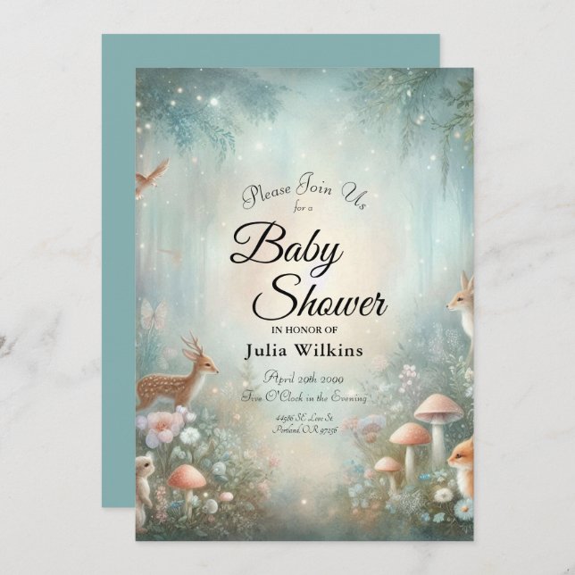 Invitación Teal and Peach Enchanted Forest Baby Shower (Anverso / Reverso)