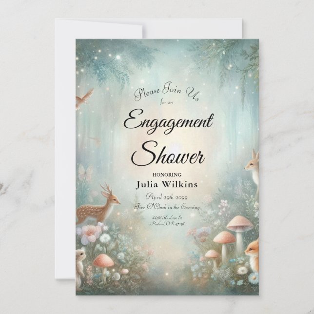 Invitación Teal and Peach Enchanted Forest Engagement Shower (Anverso)