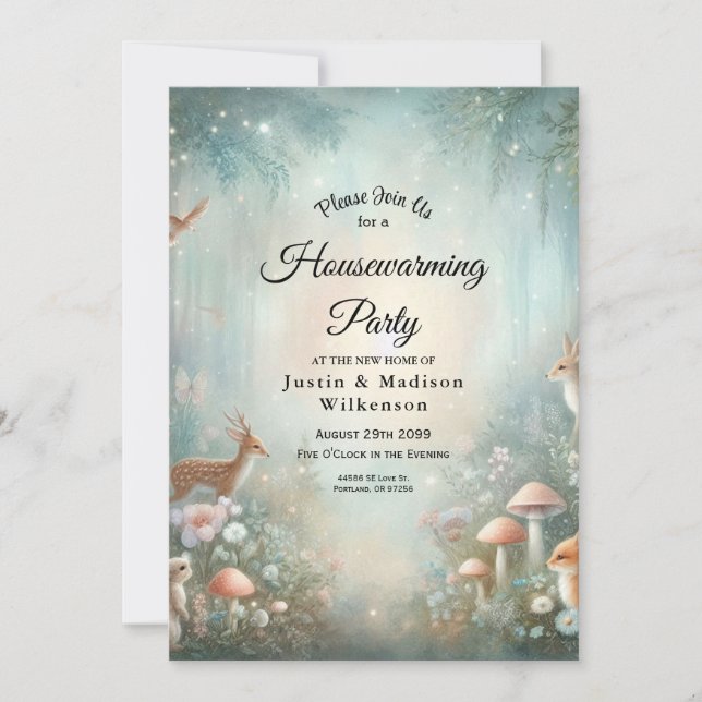Invitación Teal and Peach Enchanted Forest Housewarming (Anverso)