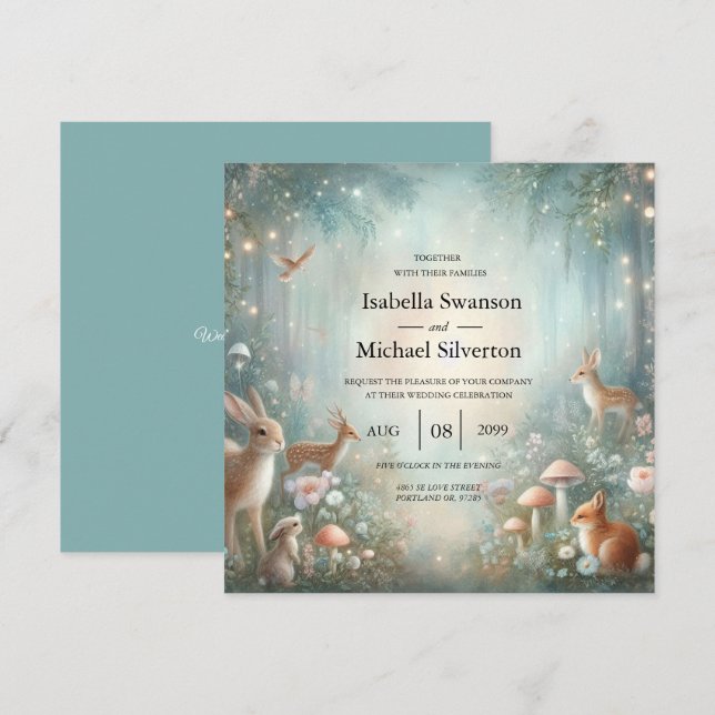 Invitación Teal and Peach Enchanted Forest Wedding (Anverso / Reverso)