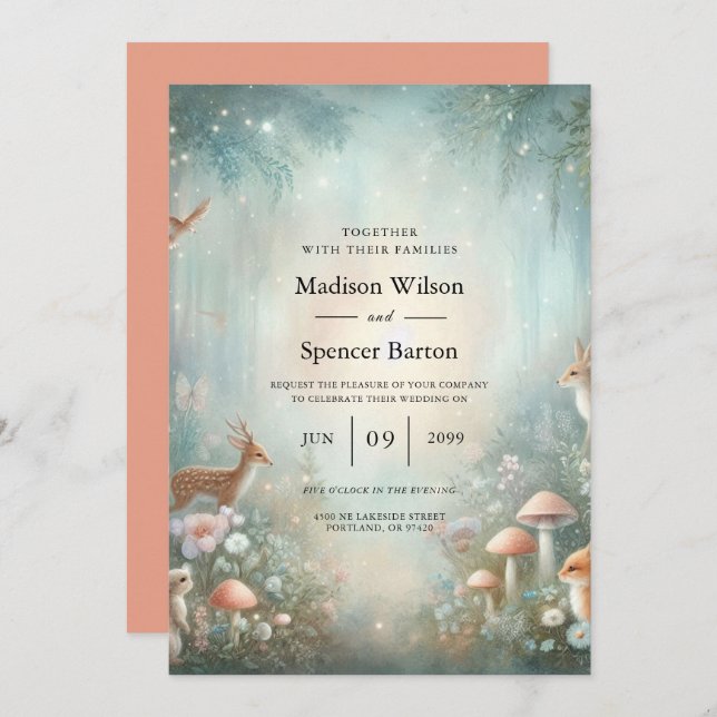 Invitación Teal and Peach Enchanted Forest Wedding (Anverso / Reverso)