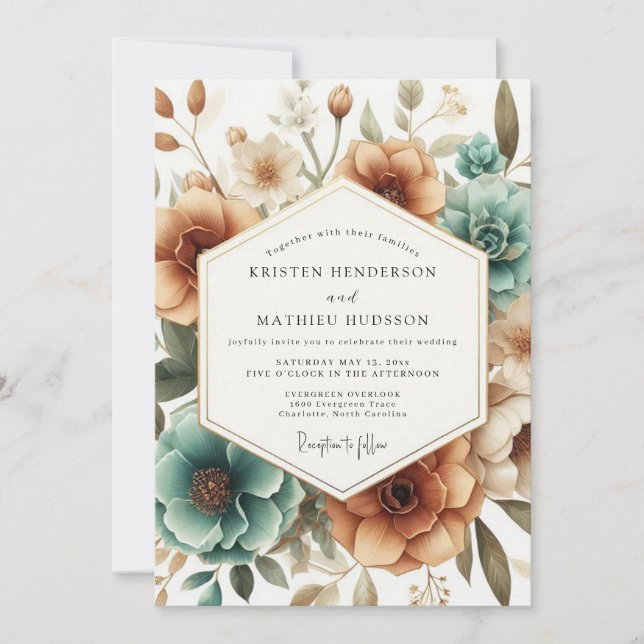 Invitación Teal Autumn Bloom Wedding (Anverso)