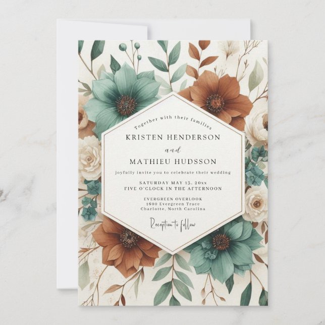 Invitación Teal Autumnal Botanical Bloom Wedding (Anverso)