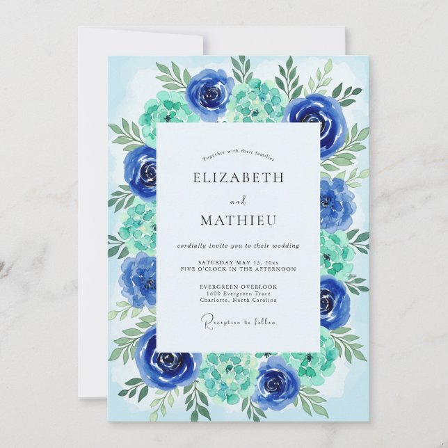 Invitación Teal Azure Painterly Coastal Wedding (Anverso)