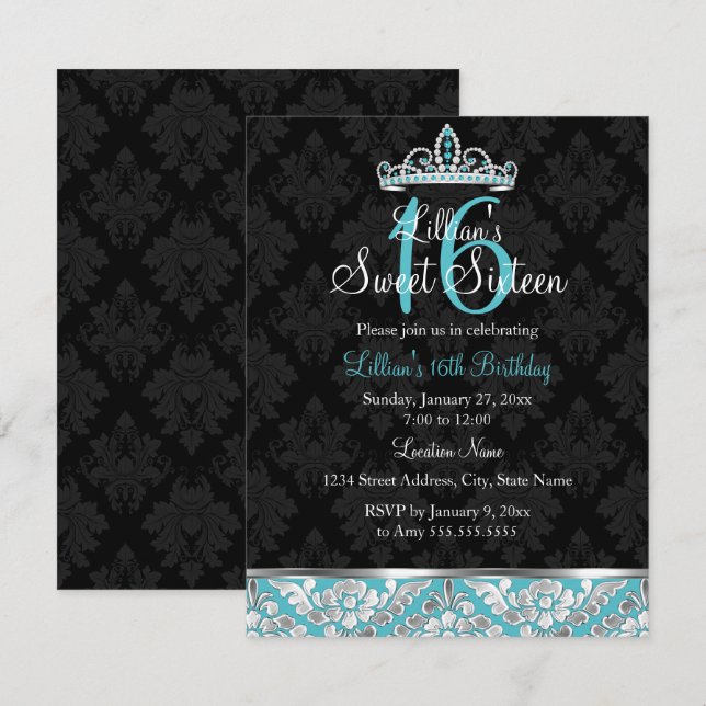 Invitación Teal Black Damask & Tiara Sweet 16 (Anverso / Reverso)