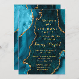 Invitación Teal Blue and Gold Agate Marble Birthday Party