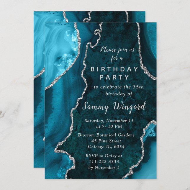 Invitación Teal Blue and Silver Agate Marble Birthday Party (Anverso / Reverso)