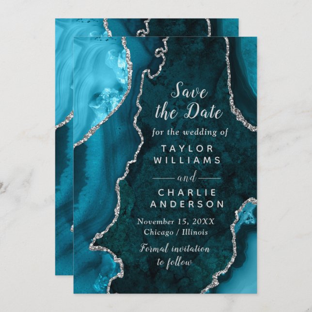 Invitación Teal Blue and Silver Agate Marble Save The Date (Anverso / Reverso)