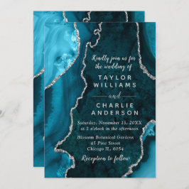 Invitación Teal Blue and Silver Agate Marble Wedding