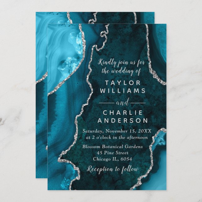 Invitación Teal Blue and Silver Agate Marble Wedding (Anverso / Reverso)