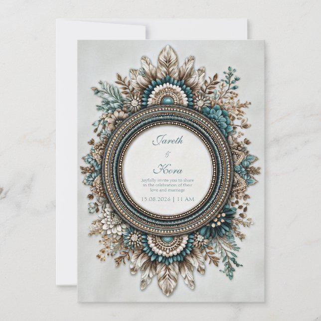 Invitación Teal Blue Brown Feather Floral Rustic Wedding (Anverso)