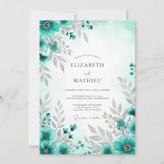 Invitación Teal Blue Exquisite Spring Wedding (Anverso)