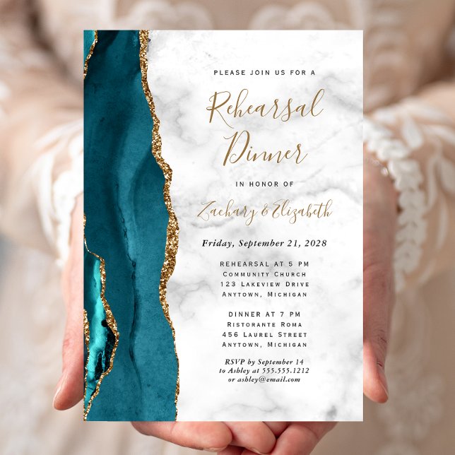 Invitación Teal Blue Gold Agate Wedding Rehearsal Dinner (Subido por el creador)