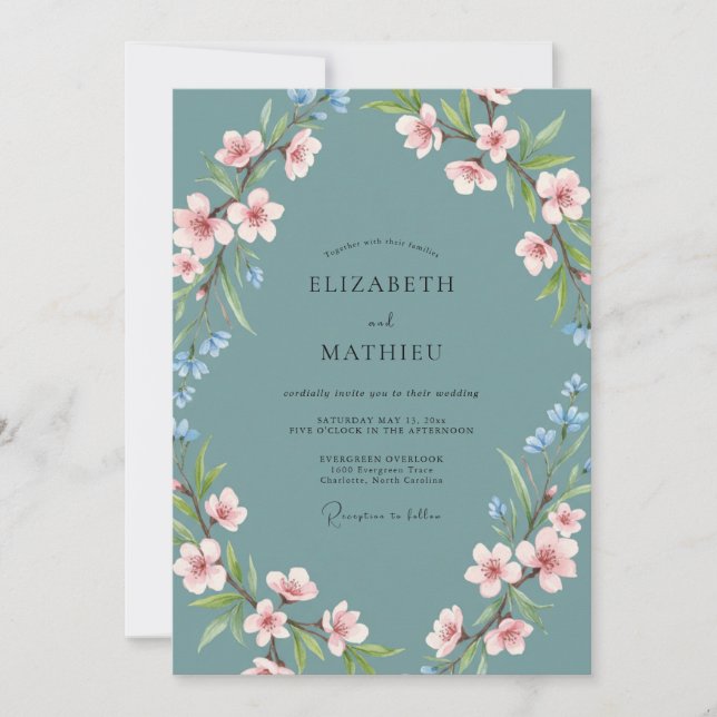 Invitación Teal Blue Graceful Blossom Wedding (Anverso)