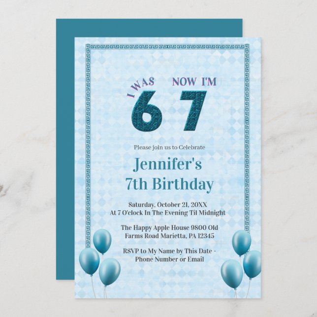 Invitación Teal  Blue I Was 6 Now 7 Birthday (Anverso / Reverso)