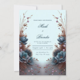 Invitación Teal Blue Modern Symmetrical Botanical Wedding