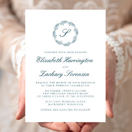 Invitación Teal Blue Monogram Wreath Script Wedding