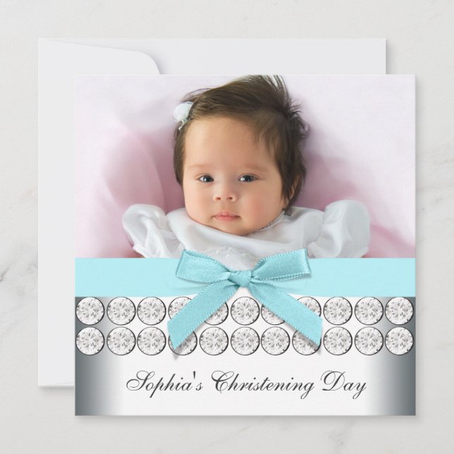 Invitación Teal Blue Photo Baby Girl Christening (Anverso)