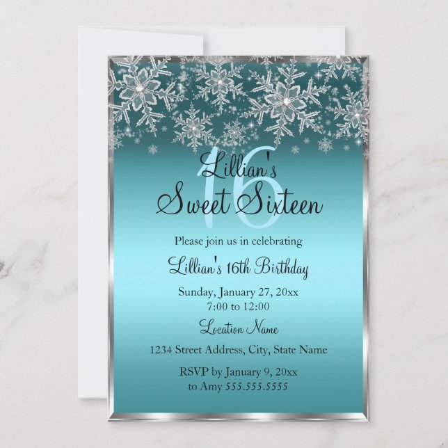 Invitación Teal Blue Silver Snowflake Sweet 16 (Anverso)
