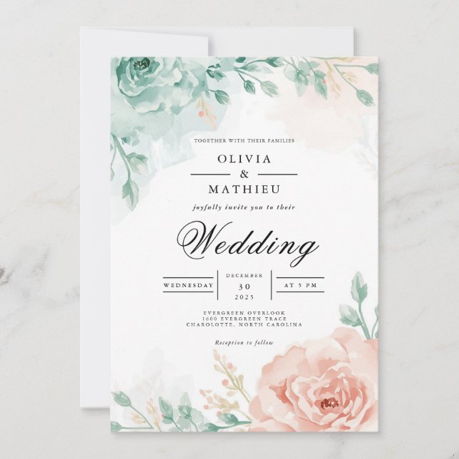 Invitación Teal & Blush Floral Arch Wedding (Anverso)
