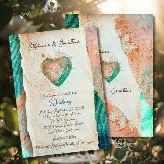 Invitación Teal Blush Lace Heart Baroque Romance Wedding