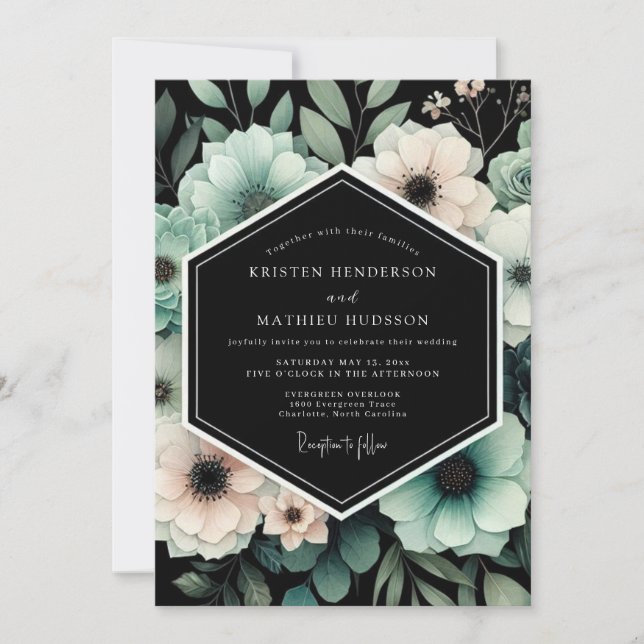 Invitación Teal & Blush Moody Floral Wedding (Anverso)