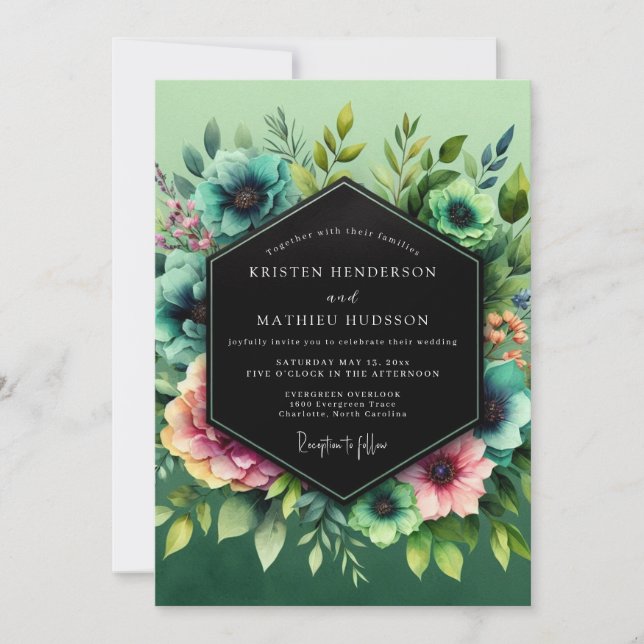 Invitación Teal Blush Vibrant Flora Wedding (Anverso)
