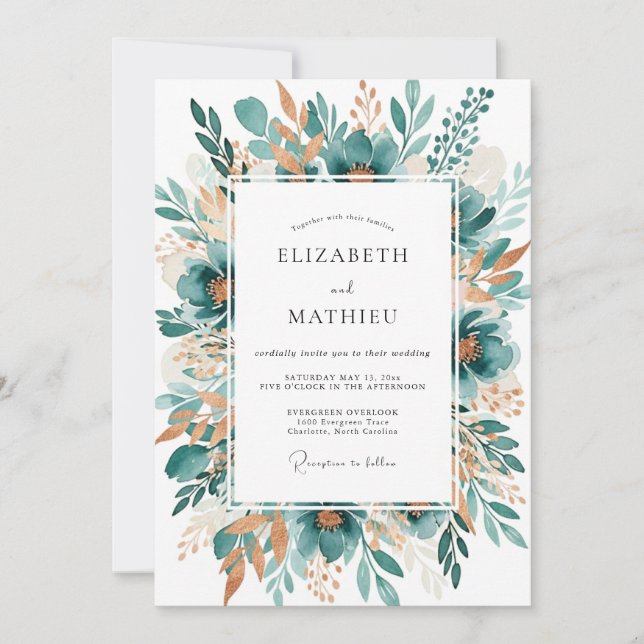 Invitación Teal Botanical Bloom Wedding (Anverso)
