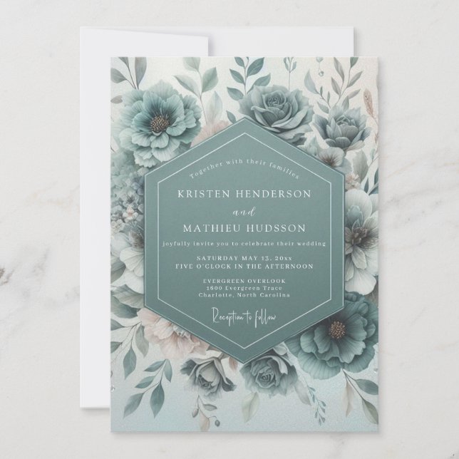 Invitación Teal Botanical Bloom Wedding (Anverso)