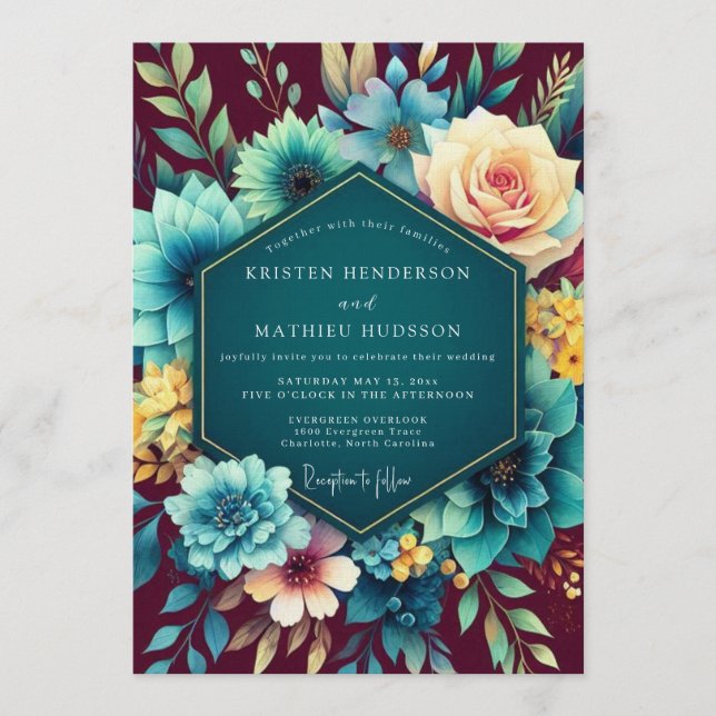Invitación Teal & Burgundy Lush Botanical Wedding (Anverso)