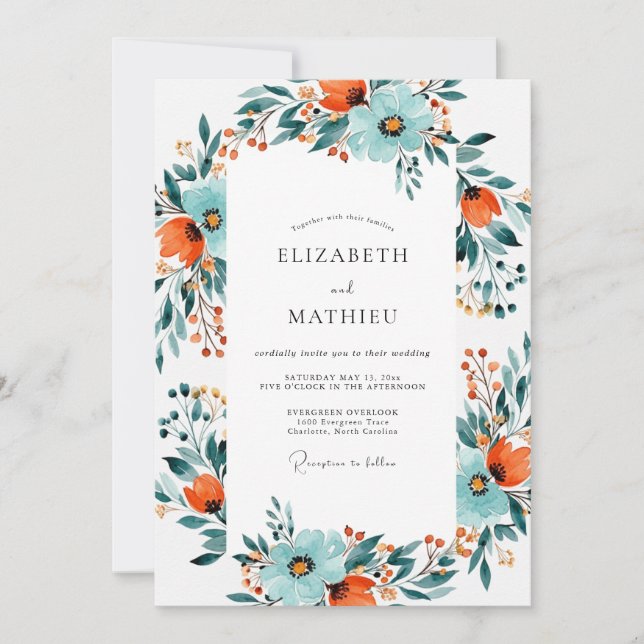 Invitación Teal Burnt Orange Dynamic Botanical Wedding (Anverso)