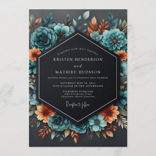 Invitación Teal Burnt Orange Moody Wedding (Anverso)