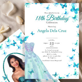 Invitación Teal Butterflies And Dress 18th Birthday Debut