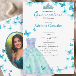 Invitación Teal Butterflies Dress Tiara Photo Quinceanera
