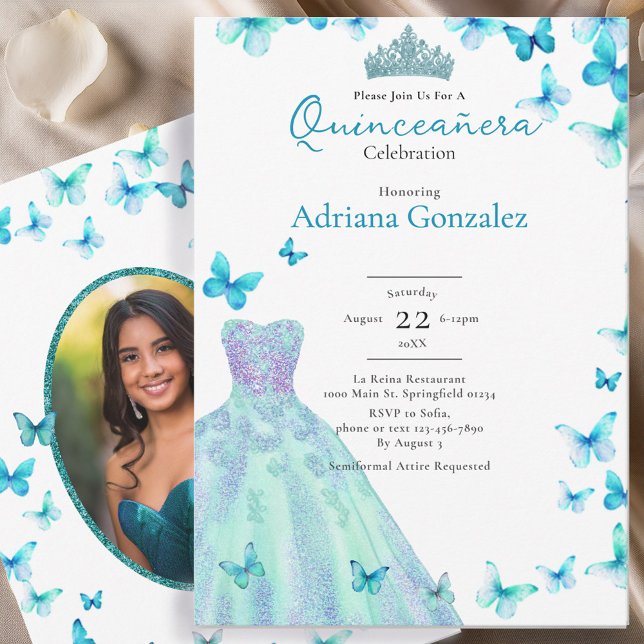 Invitación Teal Butterflies Dress Tiara Photo Quinceanera (Subido por el creador)