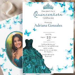 Invitación Teal Butterflies Dress Tiara Photo Quinceanera