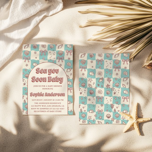 Invitación Teal Checkerboard Seashell Bow Baby Shower (Subido por el creador)