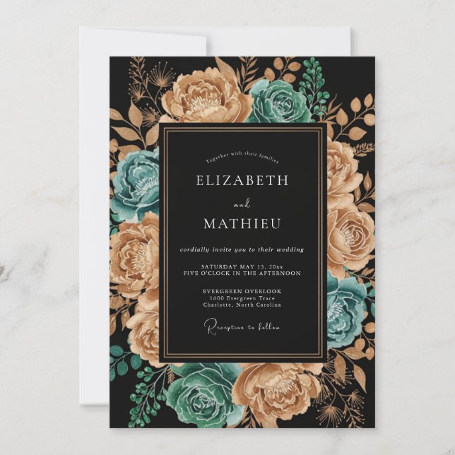 Invitación Teal Copper Artistic Floral Wedding (Anverso)