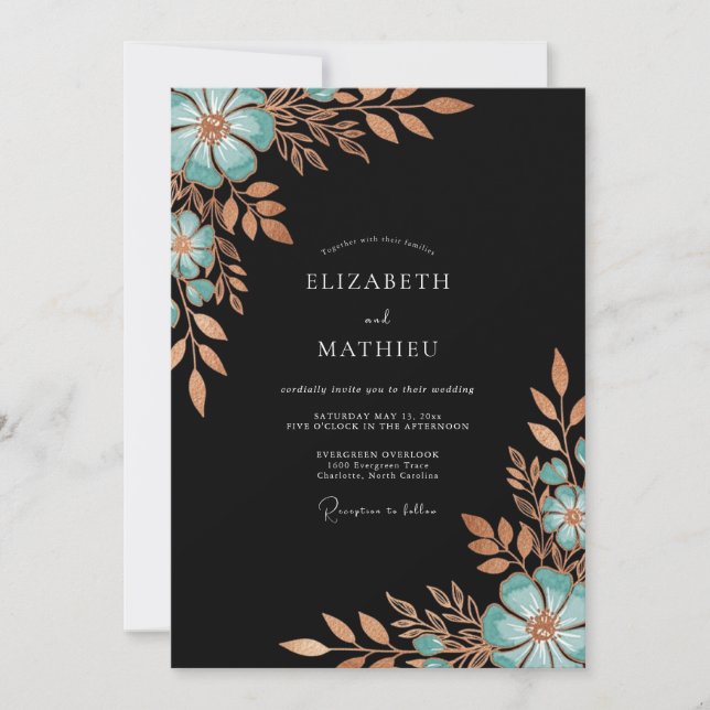 Invitación Teal Copper Bloom Romance Wedding (Anverso)