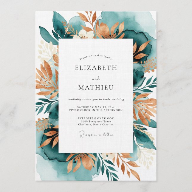 Invitación Teal Copper Botanical Romance Wedding (Anverso)