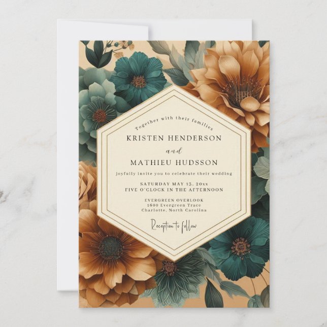 Invitación Teal Copperplate Flora Wedding (Anverso)